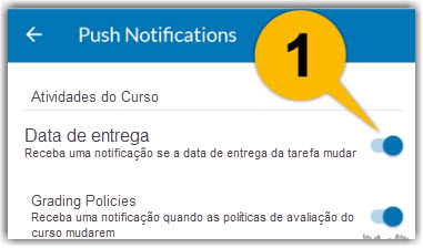Screenshot showing the push notifications menu. An arrow points to the toggle switches to turn on various push notifications. another screenshot points to the email notifications menu. An arrow points to menu items that can be used to configure different email notifications.