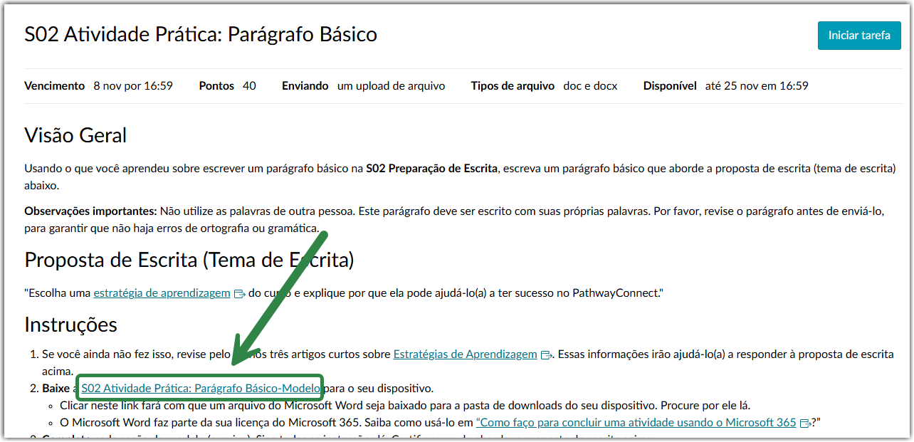 A Canvas assignment page with a circle around a link to download an assignment template.