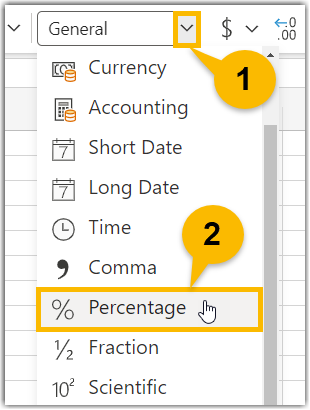 The image shows two steps. First, the dropdown arrow on the Number Format box on the Home toolbar is highlighted, indicating that this should be selected to open the dropdown. Second, the Percentage option is highlighted, indicating this should be selected.