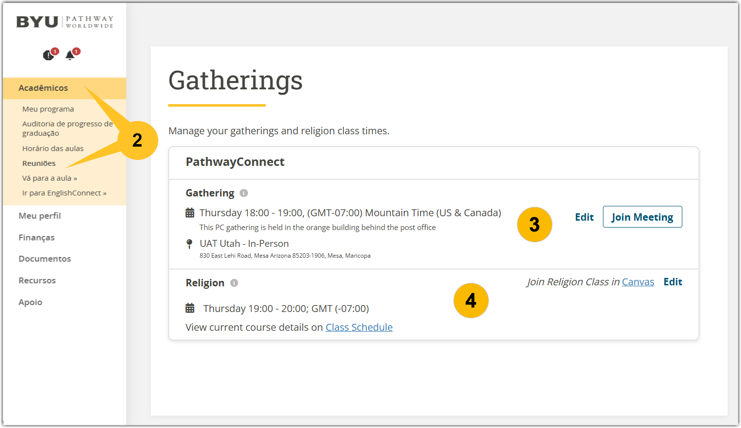 BYU-Pathway Portal showing the academics then gatherings menu clicked. A 3 is on the PathwayConnect gathering row of a table. A 4 is on a Religion row. 