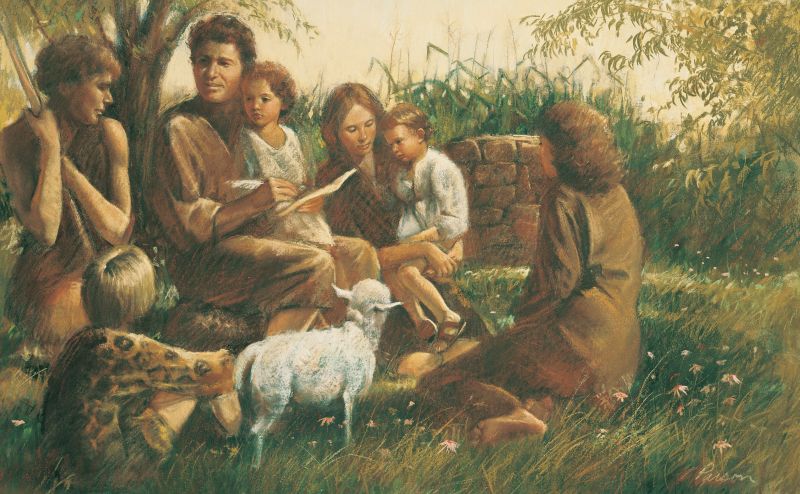 Adam and Eve teaching their children