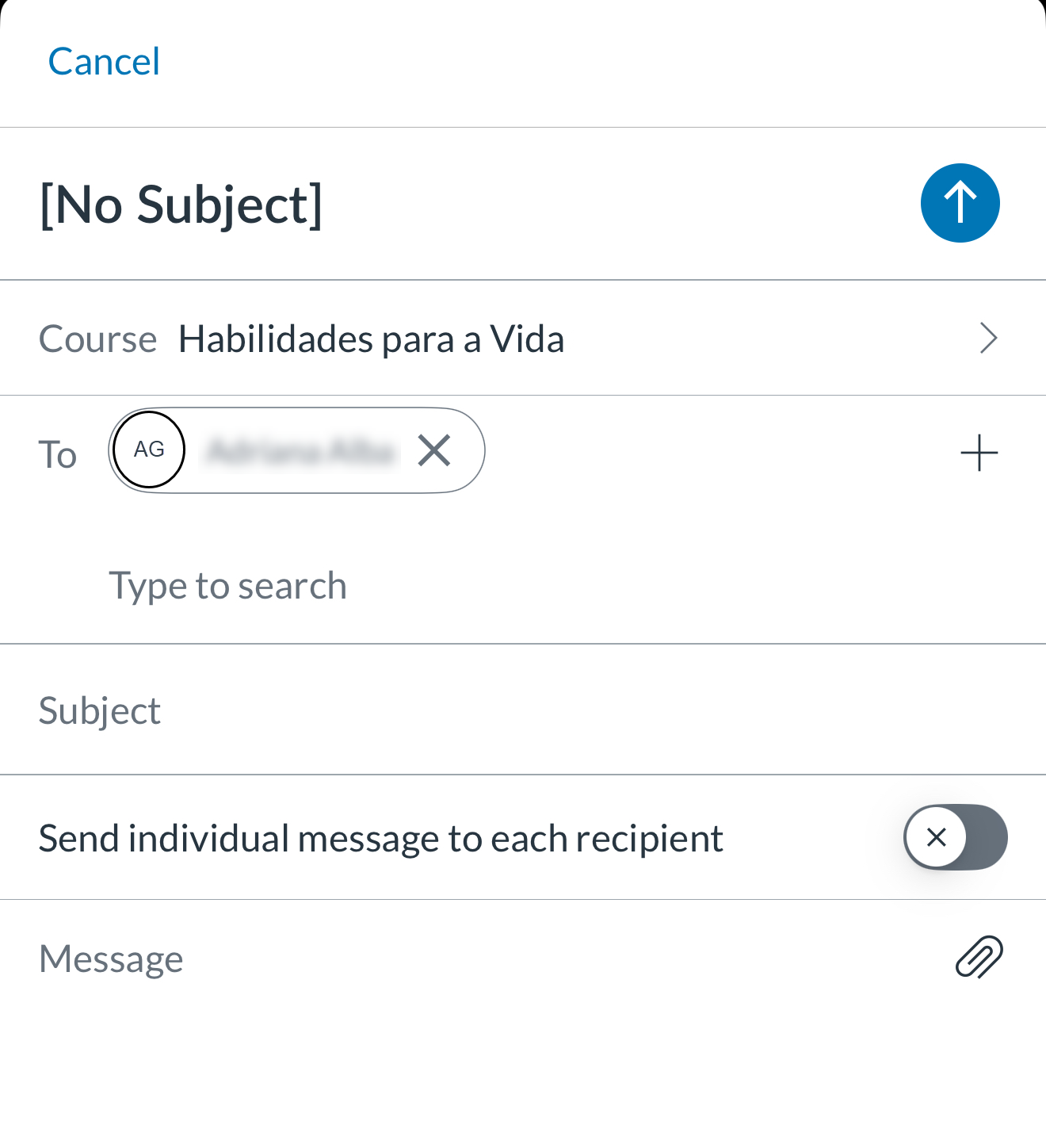 Screenshots showing the course selection button on a new message as well as the teacher selection button.