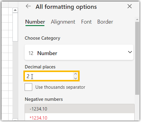 Image of 'Number' category options in the 'Format Cells' menu in Excel. There is a 'Decimal place' box where one can select the number of decimal spaces. The cursor hovers over the box and a two is entered inside the box as the number of desired decimal places.