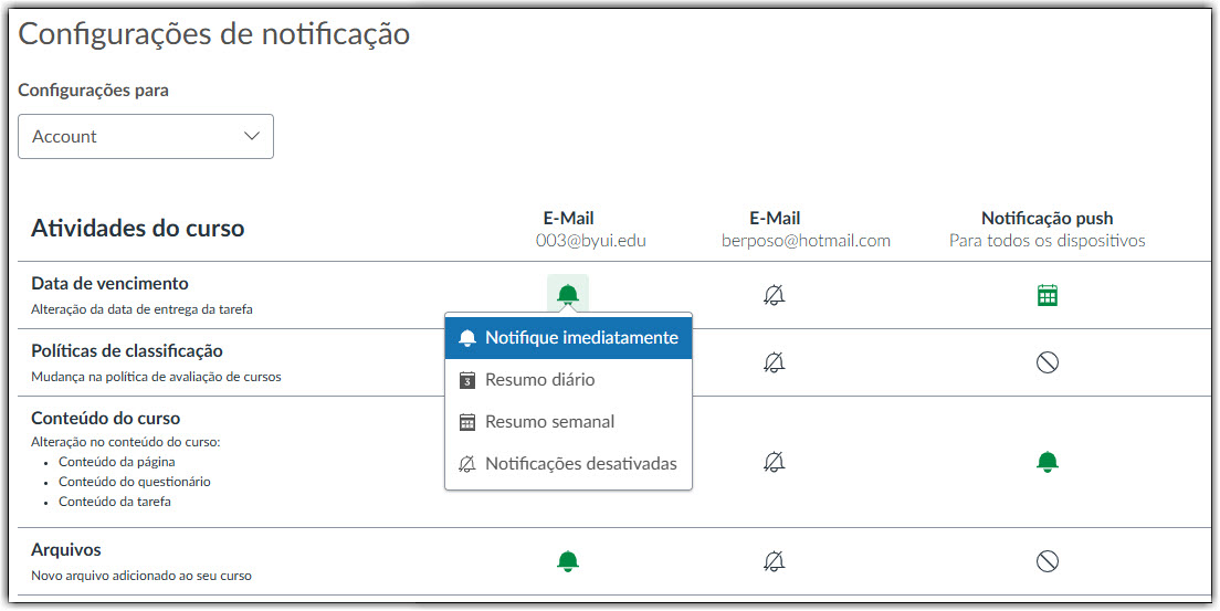 Screenshot showing the notification settings menu in Canvas. Different options for course activities include notify immediately, daily summary, weekly summary, and notifications off.