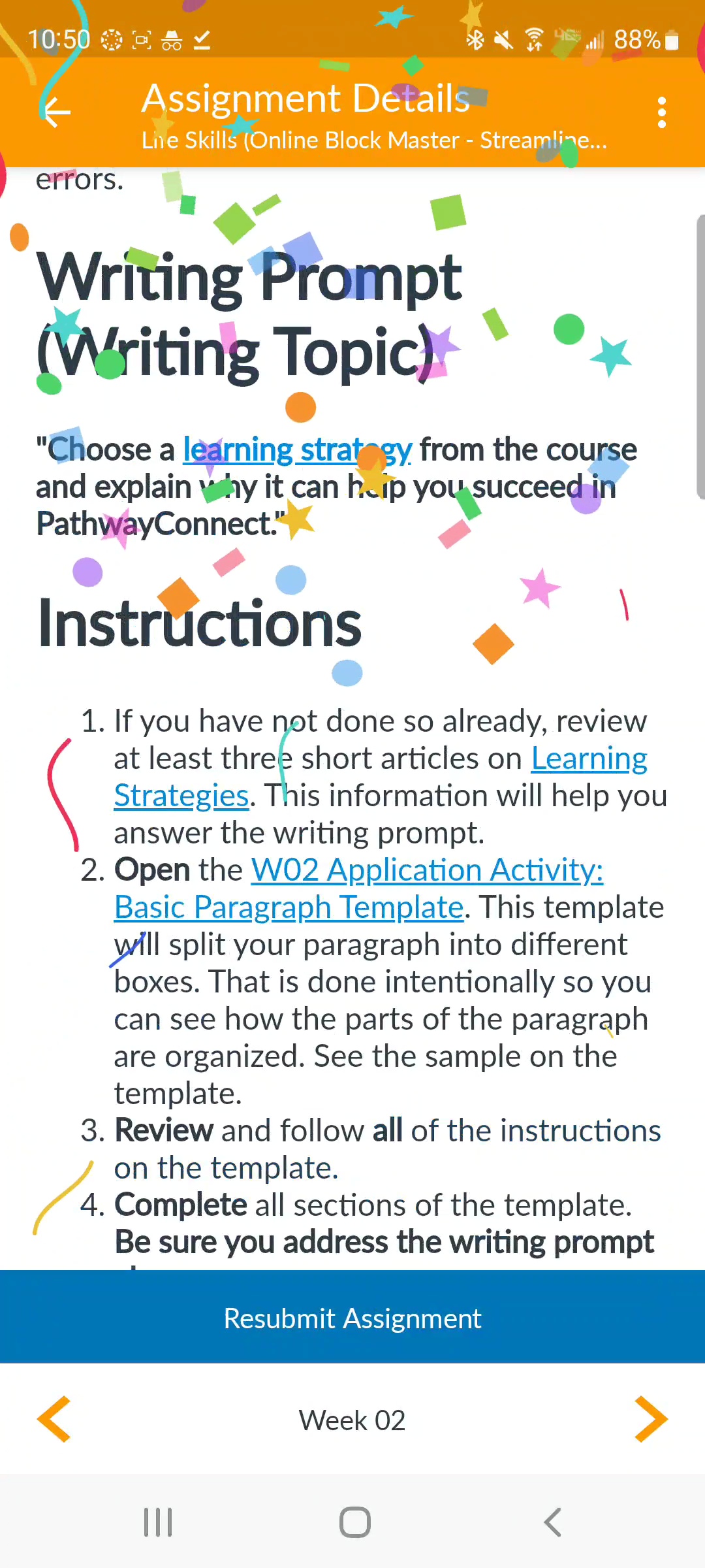 The image shows that the assignment has been submitted successfully with some confetti that can be seen on the screen