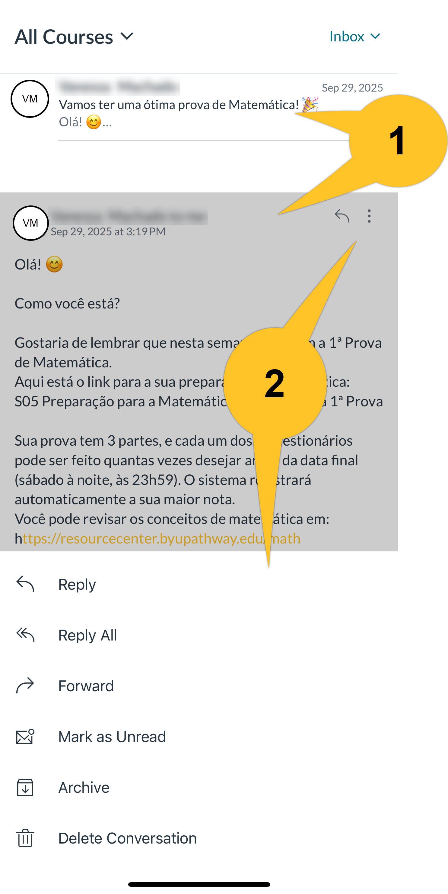 Screenshots showing a portion of the Inbox mail queue and a message with reply, reply all, forward, delete, and cancel options.