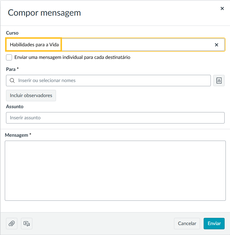 Course dropdown within the Compose Message popup.