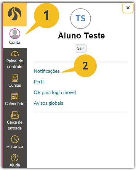 Screenshot showing the main menu in Canvas with the profile menu exposed. An n arrow points to the notifications submenu.