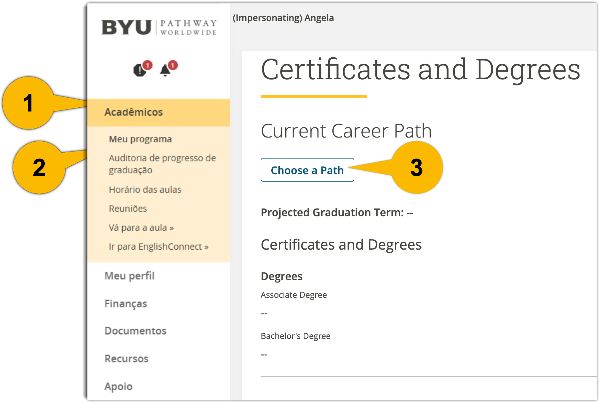Certificates and Degrees on the portal with numbered callouts pointing to Academics, Certificates and Degrees, Choose a Path.