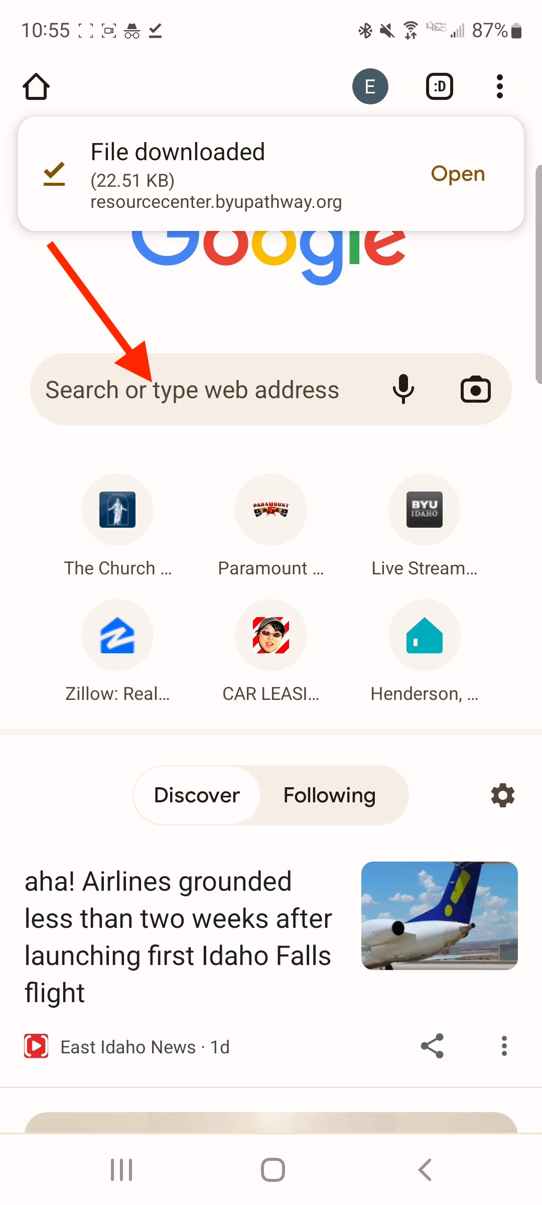 An arrow is seen pointing at the search bar in google. The screen shows how google looks like in an android device
