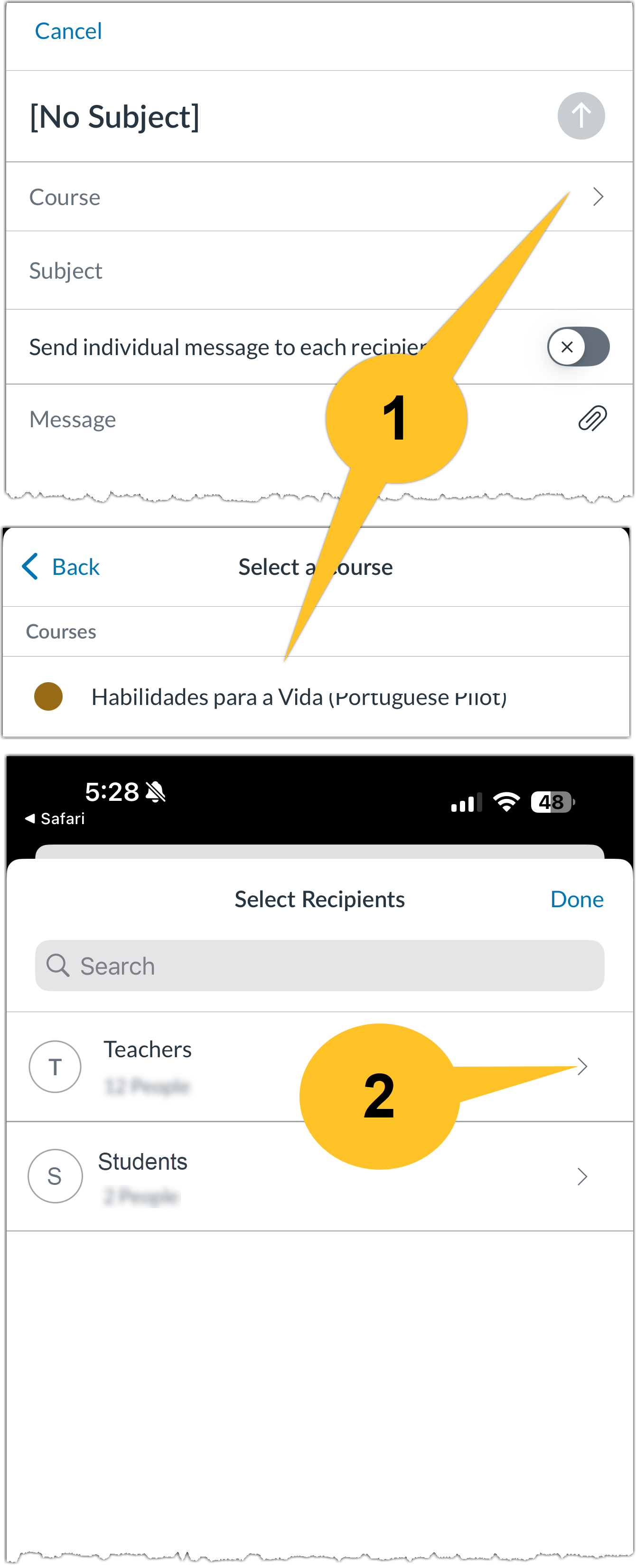 Screenshots showing the course selection button on a new message as well as the teacher selection button.