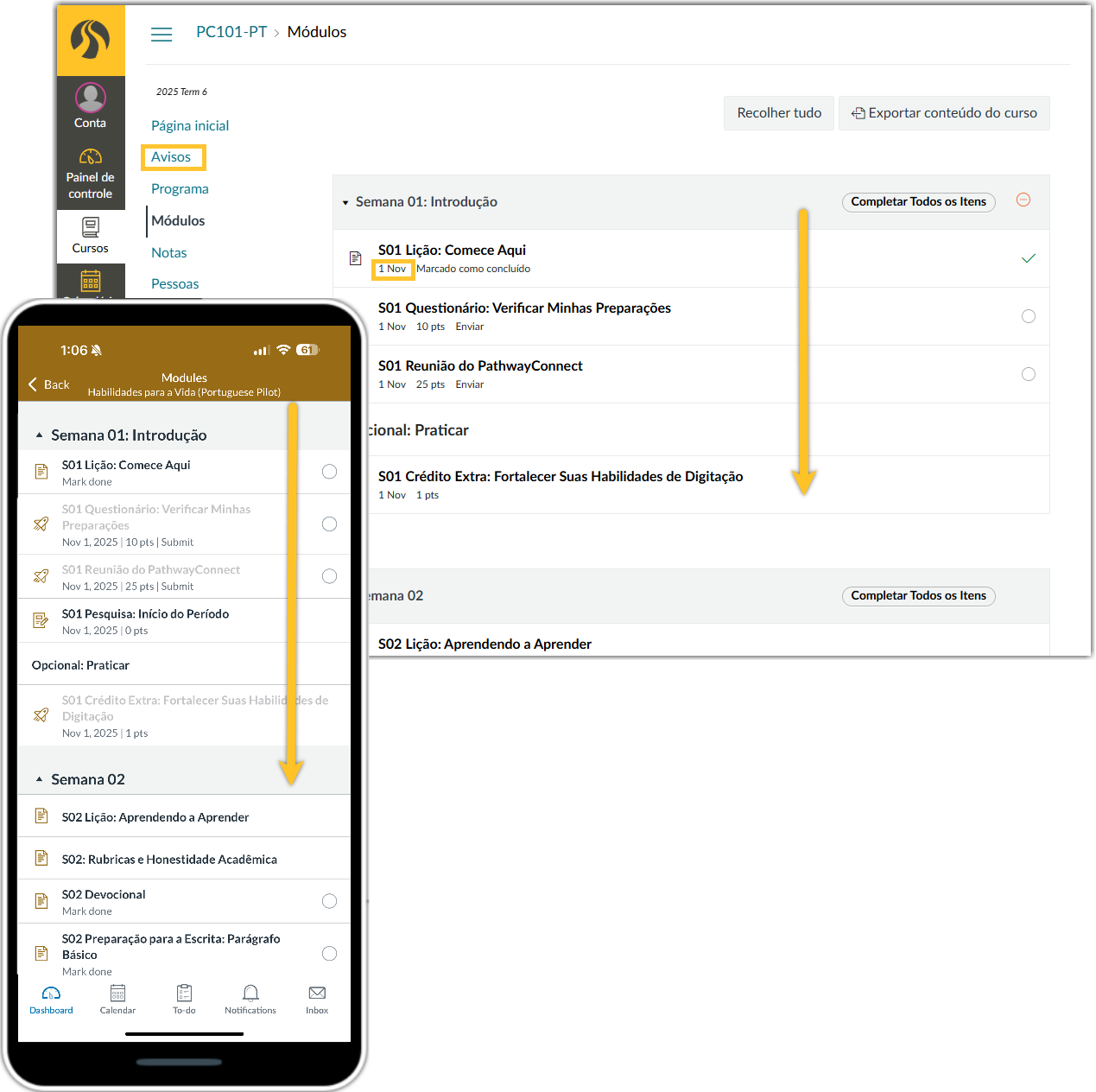 Canvas modules screen with a due date and announcements link highlighted