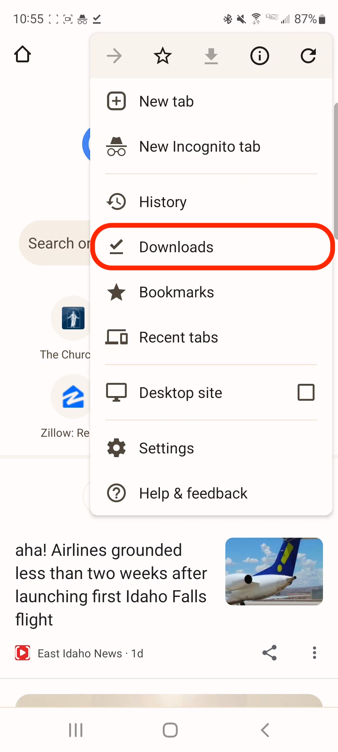 a menu will appear once you tap the three dots located at the top right corner of the screen. the image shows a red circle surrounding the downloads option