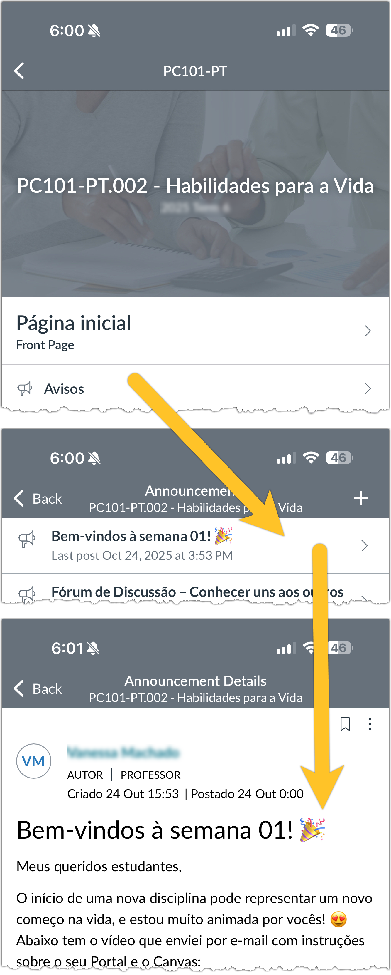 Image of Canvas announcement menu item in the Android mobile app. An arrow points from the announcement menu item to a listing of one of the announcements. An arrow points from that listing to the actual announcement.