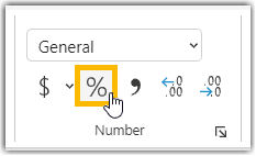 The Percent Style button is highlighted on the home toolbar.