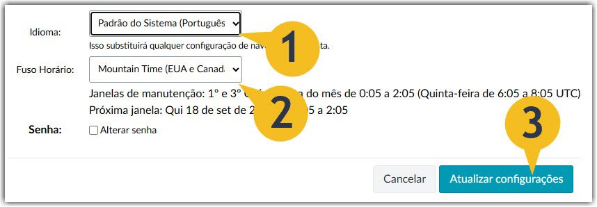 Screenshot showing the language drop down selector, the time zone dropdown selector, and the update settings and cancel buttons.