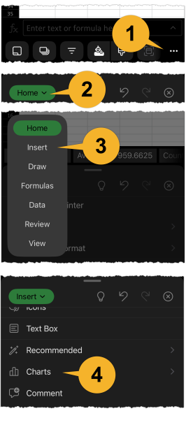 Callout number one is pointing at the three dots located at the bottom right of the screen that will bring out the menu once you tap it. Callout number two is pointing at the Home menu button. Callout number three is pointing at the Insert menu, and callout number four is pointing at the Charts option.