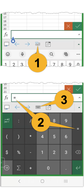 The first callout shows that you can tap the keyboard icon with a number on it to open the number keyboard, if needed. The second callout shows that when you tap the equal symbol, it will appear on the formula bar. The third callout shows that you can tap the keyboard icon to open the letter keyboard.