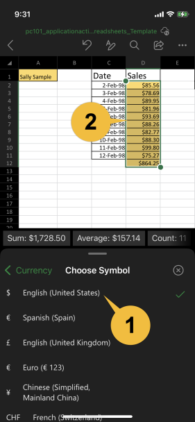 The first callout shows the "$ English (United States)" option under the Choose Symbol menu. The second callout shows that the range of cells that are selected now has a $ symbol.