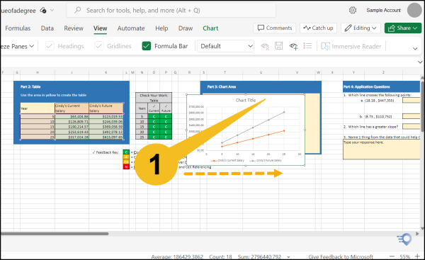 When the chart appears in the spreadsheet, drag it to Part 3 Chart Area.