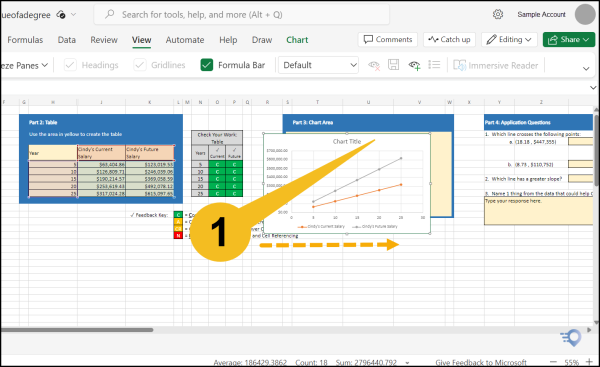 When the chart appears in the spreadsheet, drag it to Part 3 Chart Area. 