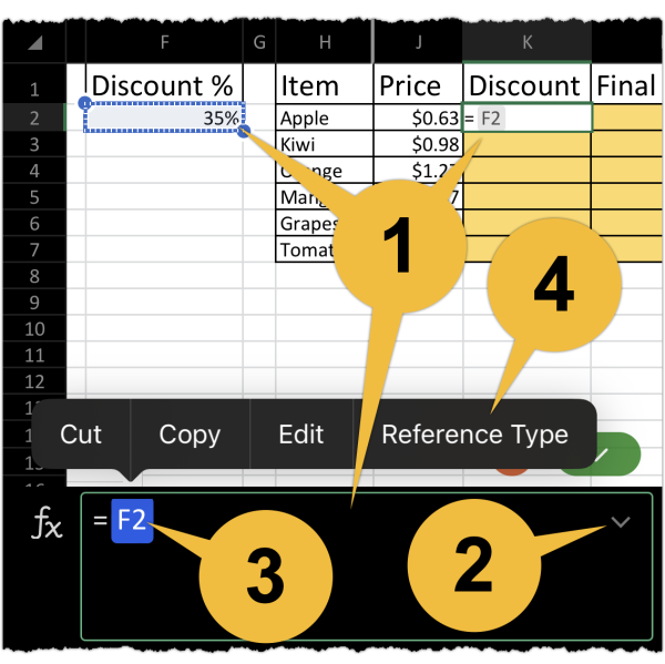 The first callout shows that you have to tap the cell that you want to add a cell reference in. It also shows that you have to tap the formula bar to activate the keyboard. The second callout shows that you have to tap the arrow at the top-right corner of the formula bar to expand it. The third callout shows that you have to tap the cell reference in the formula bar to reveal a small menu. the fourth callout shows the "Reference Type" option in the small menu.