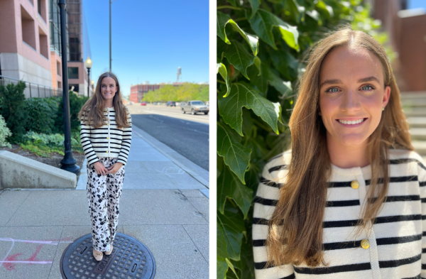 A comparison of two pictures: one is a faraway full-body shot of a woman with a busy street in the background. The other is a close-up headshot of the same woman next to a wall of plants.