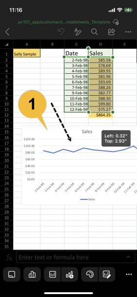 A callout is pointing at the chart with an arrow that also points to it. This means that you can drag the chart any where in the spreadsheet.