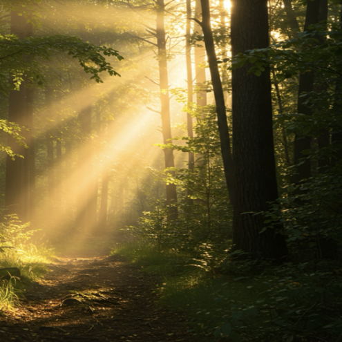 A wooded forest with a beam of light shining through the trees
