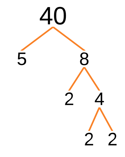 This figure shows that 40 can also be broken down using 5 and 8, 8 can be broken down using 2 and 4, while 4 can be broken down using 2 and 2.