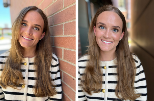 Two headshots of a woman: one next to a brick wall, and the other next to an alley wall. Both walls have lines built or designed into them. The woman in both headshots is standing next to these natural lines.