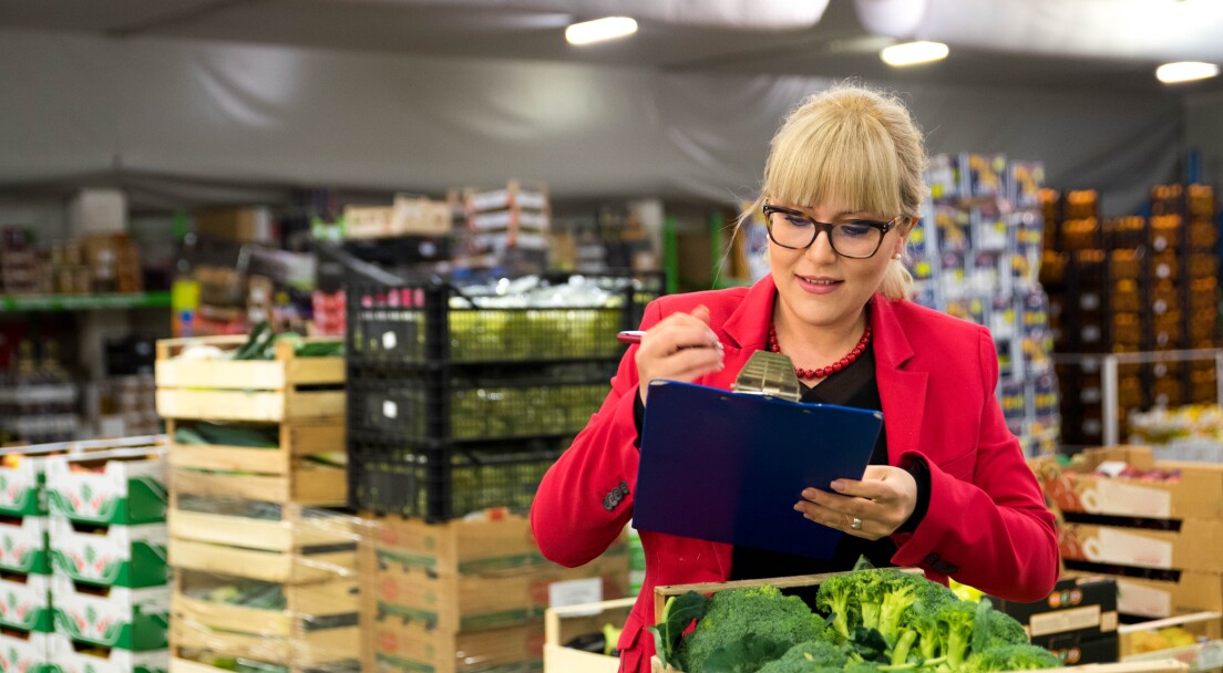 Young blond woman with eyeglasses, wearing a red jacket checking broccoli in a wooden crate at a fruit and vegetable warehouse.