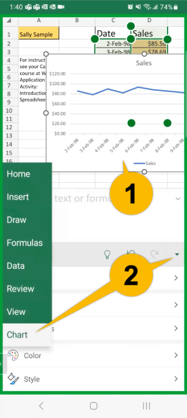 Callout number one is pointing at the Sales chart. Callout number two is pointing at the Chart menu and the drop down arrow located at the top right corner of the menu.