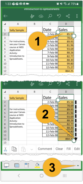 Callout number one is pointing at the first cell under Sales column. Callout number two is pointing at the arrow that follows the cells that are surrounded by a green box. Callout number three is pointing at the arrow located at the bottom right corner of the image.