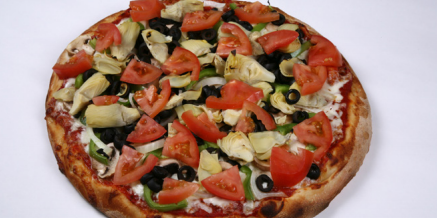 This is an image of a pizza with vegetable toppings.