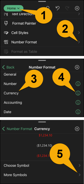 Make sure that your menu is set to Home. Scroll down and tap the arrow next to the Number Format menu, then tap the i icon next to Currency, and tap the arrow next to More Symbols option.