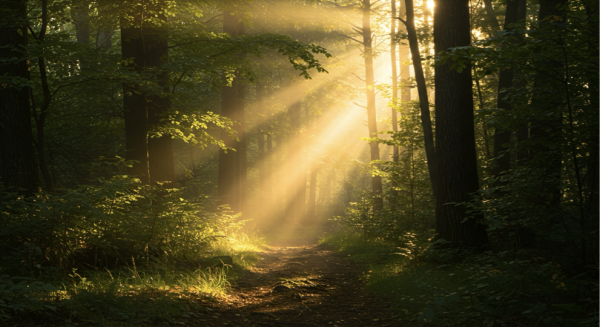 A wooded forest with a beam of light shining through the trees