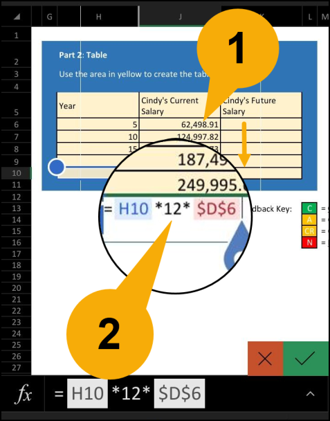 You will see that the absolute cell reference did not change in the other cells, but the relative cell moved the same direction as the dragging.