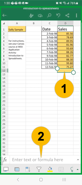 The first callout shows that you have to tap the cell where you want to enter the SUM function. The second callout shows that you have to tap the formula bar to activate the keyboard.