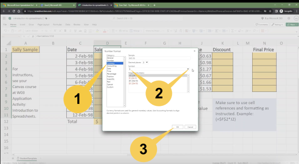 Callout number one is pointing at the Currency option. Callout number two is pointing at the dollar sign and the drop down arrow under the Symbol menu.