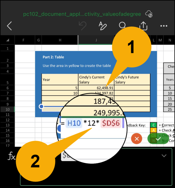 Tap, hold, and drag the bottom square to apply the formula to cells J7 to J10. When you tap cell J10, you will notice that the relative cell reference moved in the direction of the dragging, while the absolute cell reference remained fixed.