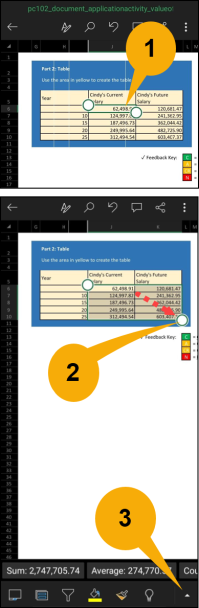 The first callout points to the cell or first cell in a range that you want to format to currency. Tapping it will create a box around the cell with a circle at the bottom-right corner of it. The second callout points at the circle that you have to tap, hold, and drag so the box surrounds all the cells you want to format to currency. The third callout points at the arrow at the bottom-right corner of the screen. Tapping this arrow will show the main menu.