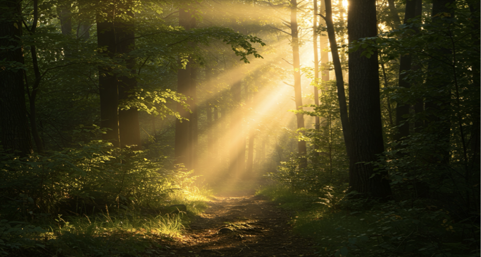 A wooded forest with a beam of light shining through the trees