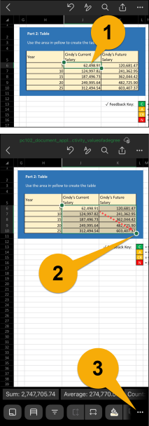 Select the cell or range of cells that you want to format to currency by tapping, holding, and dragging the bottom circle. Tap the three dots at the bottom-right of the screen to access the main menu.