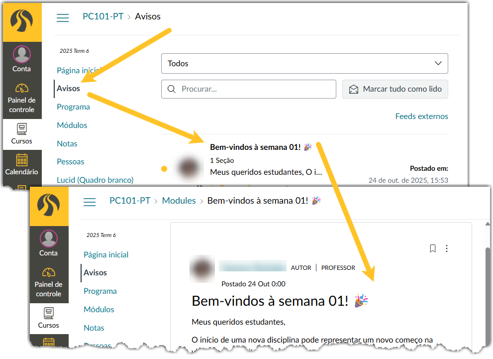 Image of Canvas announcements page on a computer. An arrow points from the announcements menu to a particular announcement. Another arrow points from the link to that particular announcement to a screenshot of the announcement text.