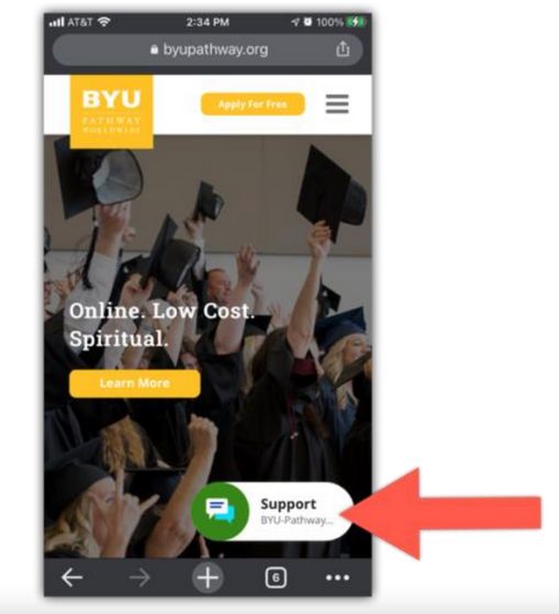 Screenshot of the BYU-Pathway Worldwide home page on a mobile device. An arrow highlights the support button.