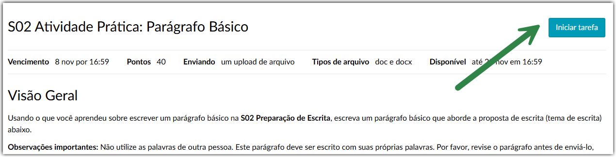 A Canvas assignment page with an arrow pointing to the Start Assignment button.